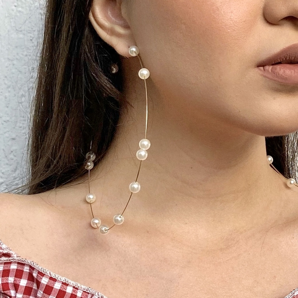Silver Tone Exaggerated Large Hoop Earrings With White Faux Pearls 4.5in